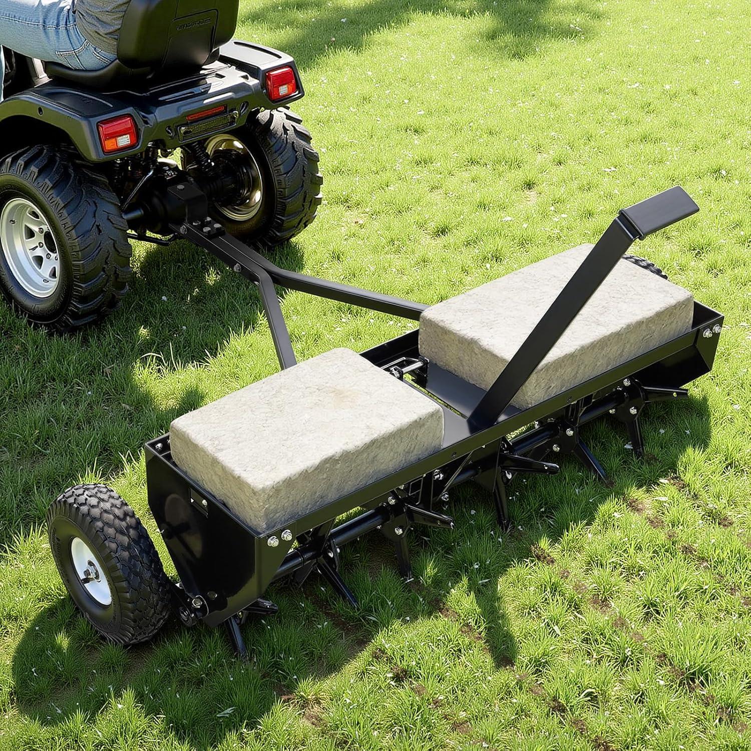image:imageVEVOR Tow Behind Plug Aerator 32 in Lawn Spike Aerator with Universal Hitch Heavy Duty amp RustResistant Pull Behind Spike Aerator Tool with Folded Edge Tray for Farmland amp Garden TractorsCore Aerator 40in