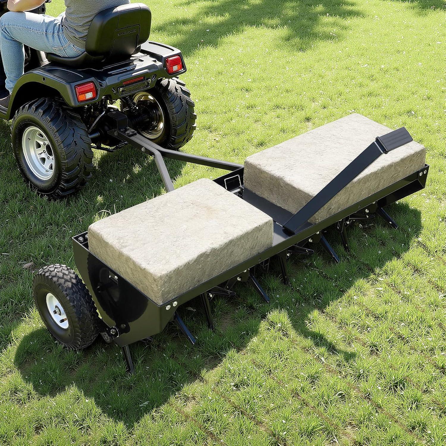 image:imageVEVOR Tow Behind Plug Aerator 32 in Lawn Spike Aerator with Universal Hitch Heavy Duty amp RustResistant Pull Behind Spike Aerator Tool with Folded Edge Tray for Farmland amp Garden TractorsCore Aerator 48in