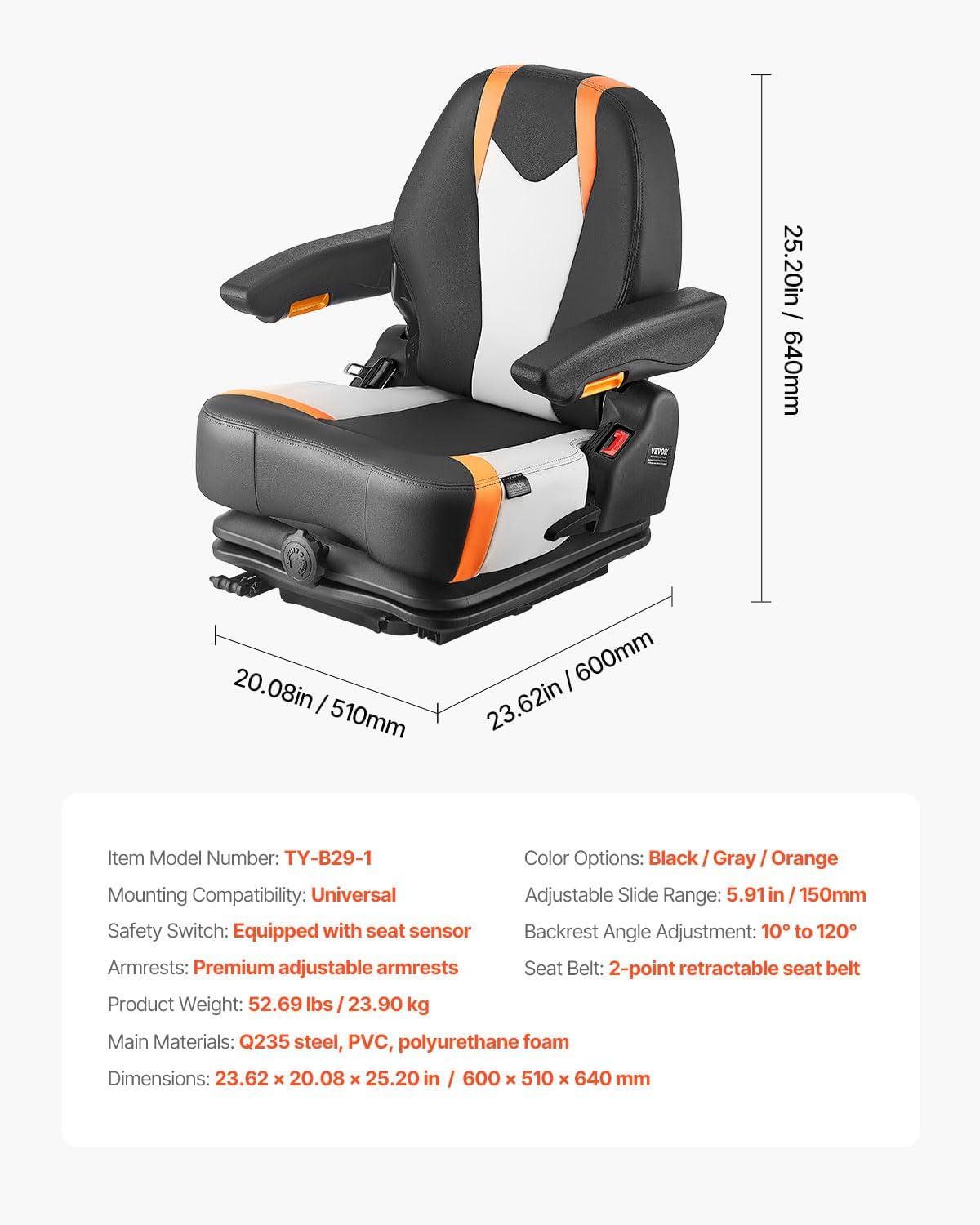 image:imageVEVOR Universal Forklift Seat Tractor Suspension Seat with Adjustable Back Armrest amp Safety Belt Secure Fold Down Tractor Seat with Micro Switch Lawnmower Seat for Skid Loader Bulldozer