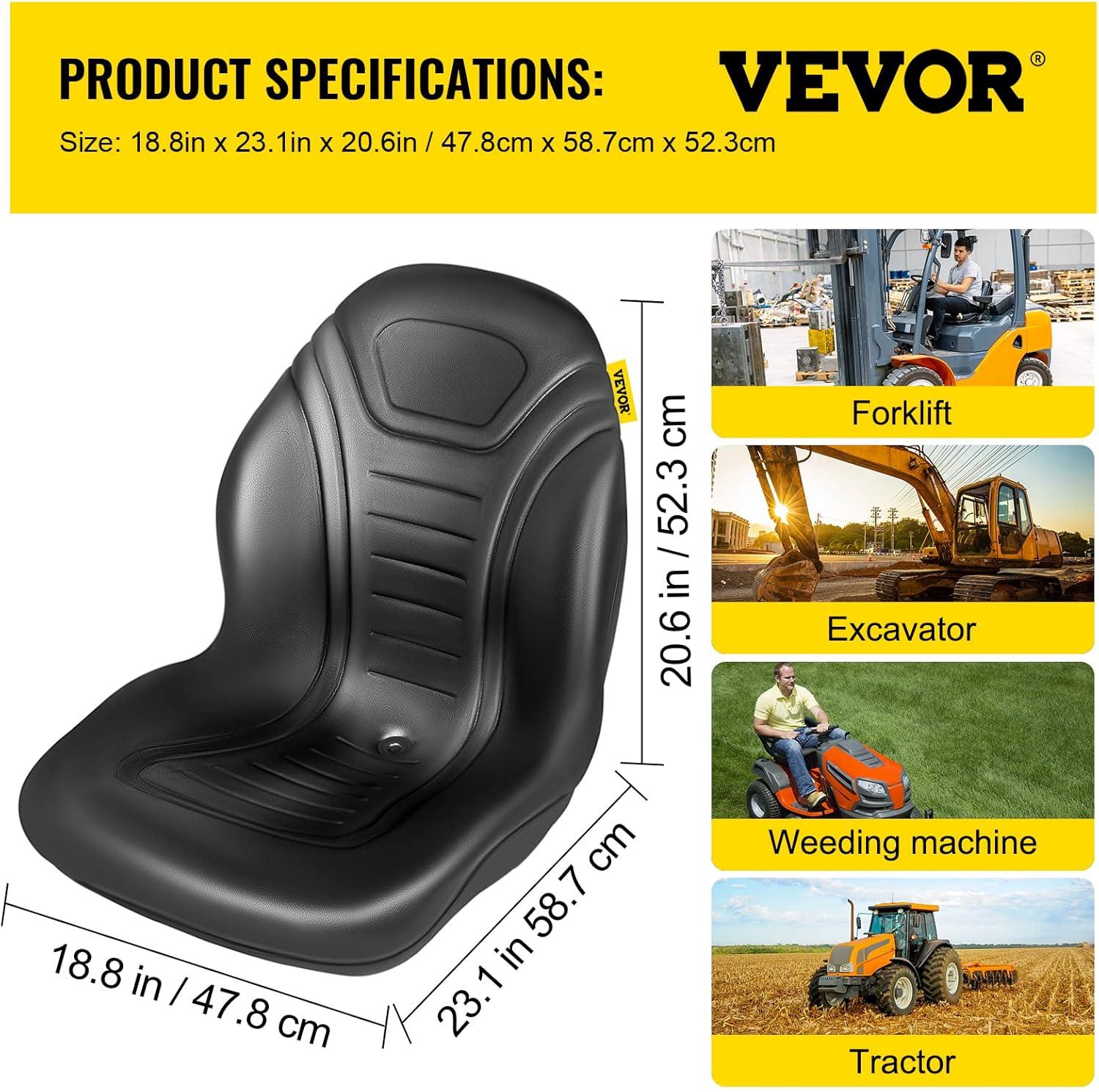 image:imageVEVOR Universal Lawn Tractor Seat Replacement Compact High Back Mower Seat Black Vinyl Forklift Seat Central Drain Hole Skid Steer Seat with Mounting Bolt Patterns of 8 x 115 amp 1125 x 1152Pcs Black