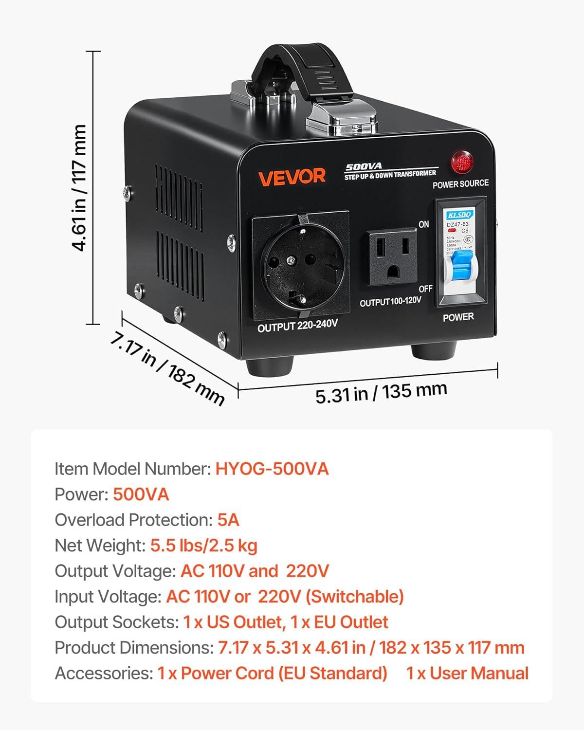 image:imageVEVOR Voltage Converter Transformer 2000W Heavy Duty Step UpDown Transformer Convert from 110 Volt to 220 Volt and from 220 Volt to 110 Volt with US Outlet EU Outlet 5V USB Port CE Certified500W