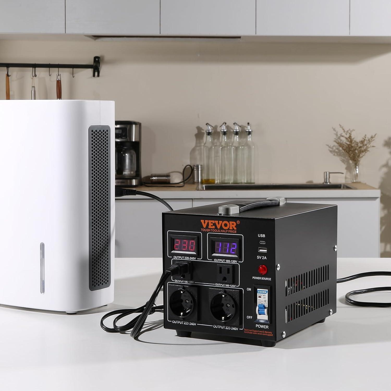 image:imageVEVOR Voltage Converter Transformer 2000W Heavy Duty Step UpDown Transformer Convert from 110 Volt to 220 Volt and from 220 Volt to 110 Volt with US Outlet EU Outlet 5V USB Port CE Certified2000W