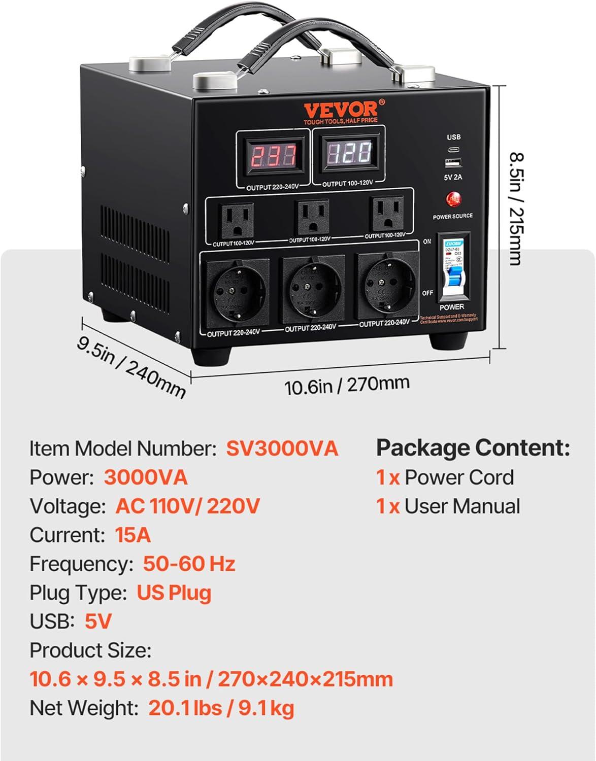 image:imageVEVOR Voltage Converter Transformer 2000W Heavy Duty Step UpDown Transformer Convert from 110 Volt to 220 Volt and from 220 Volt to 110 Volt with US Outlet EU Outlet 5V USB Port CE Certified3000W