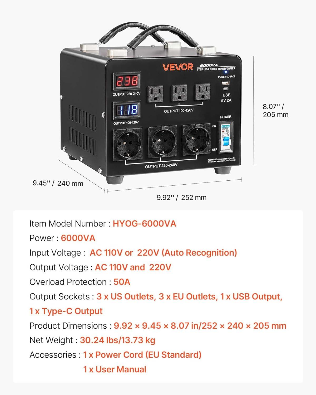 image:imageVEVOR Voltage Converter Transformer 2000W Heavy Duty Step UpDown Transformer Convert from 110 Volt to 220 Volt and from 220 Volt to 110 Volt with US Outlet EU Outlet 5V USB Port CE Certified6000W Auto