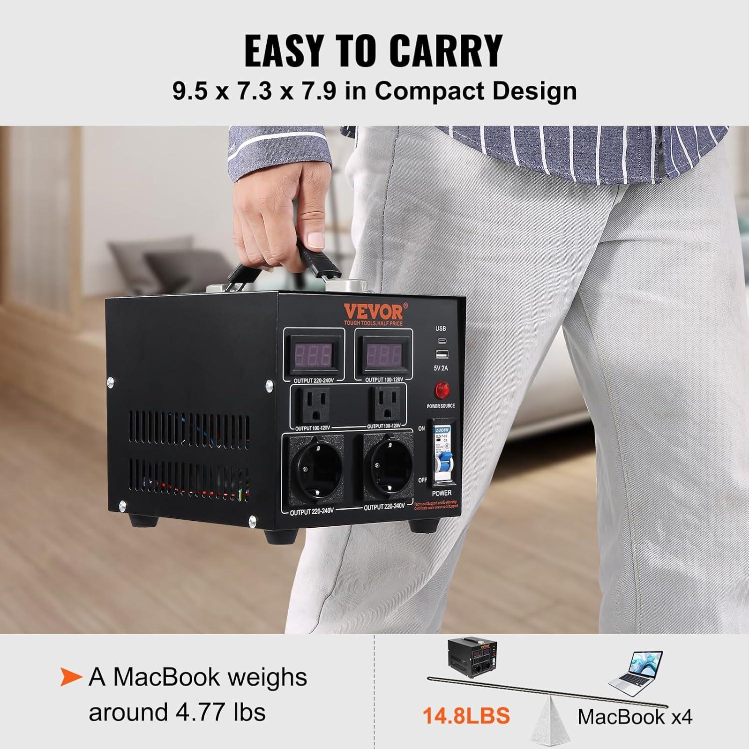 image:imageVEVOR Voltage Converter Transformer 2000W Heavy Duty Step UpDown Transformer Convert from 110 Volt to 220 Volt and from 220 Volt to 110 Volt with US Outlet EU Outlet 5V USB Port CE Certified2000W