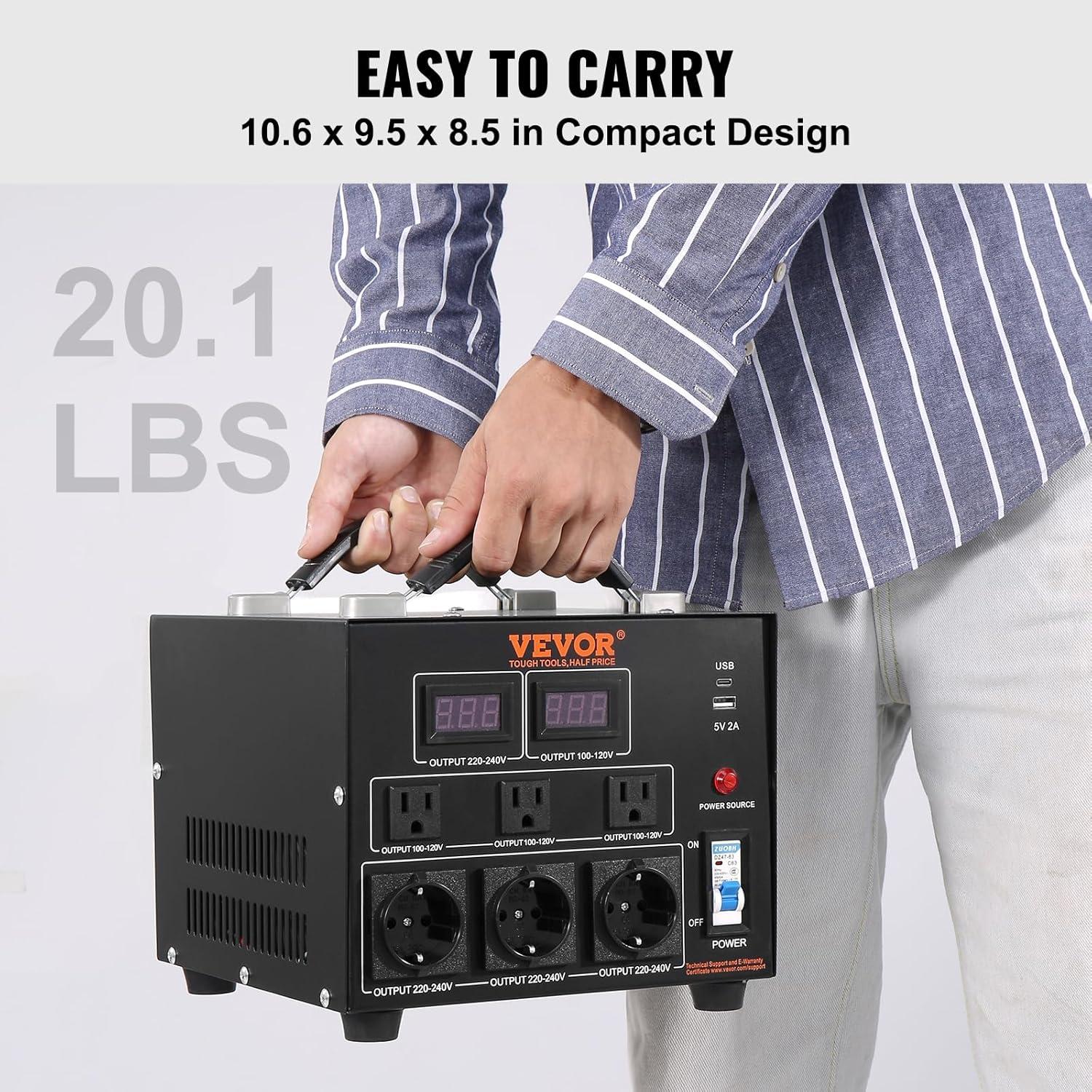 image:imageVEVOR Voltage Converter Transformer 2000W Heavy Duty Step UpDown Transformer Convert from 110 Volt to 220 Volt and from 220 Volt to 110 Volt with US Outlet EU Outlet 5V USB Port CE Certified3000W