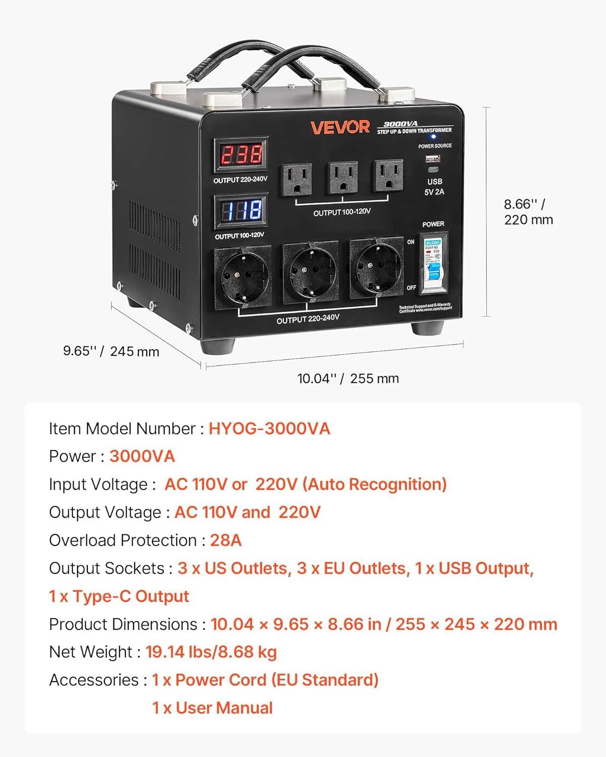 image:imageVEVOR Voltage Converter Transformer 2000W Heavy Duty Step UpDown Transformer Convert from 110 Volt to 220 Volt and from 220 Volt to 110 Volt with US Outlet EU Outlet 5V USB Port CE Certified3000W Auto