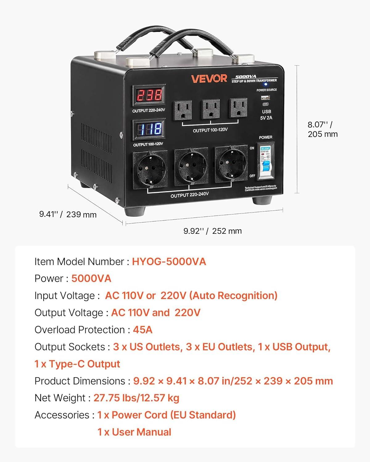 image:imageVEVOR Voltage Converter Transformer 2000W Heavy Duty Step UpDown Transformer Convert from 110 Volt to 220 Volt and from 220 Volt to 110 Volt with US Outlet EU Outlet 5V USB Port CE Certified5000W Auto