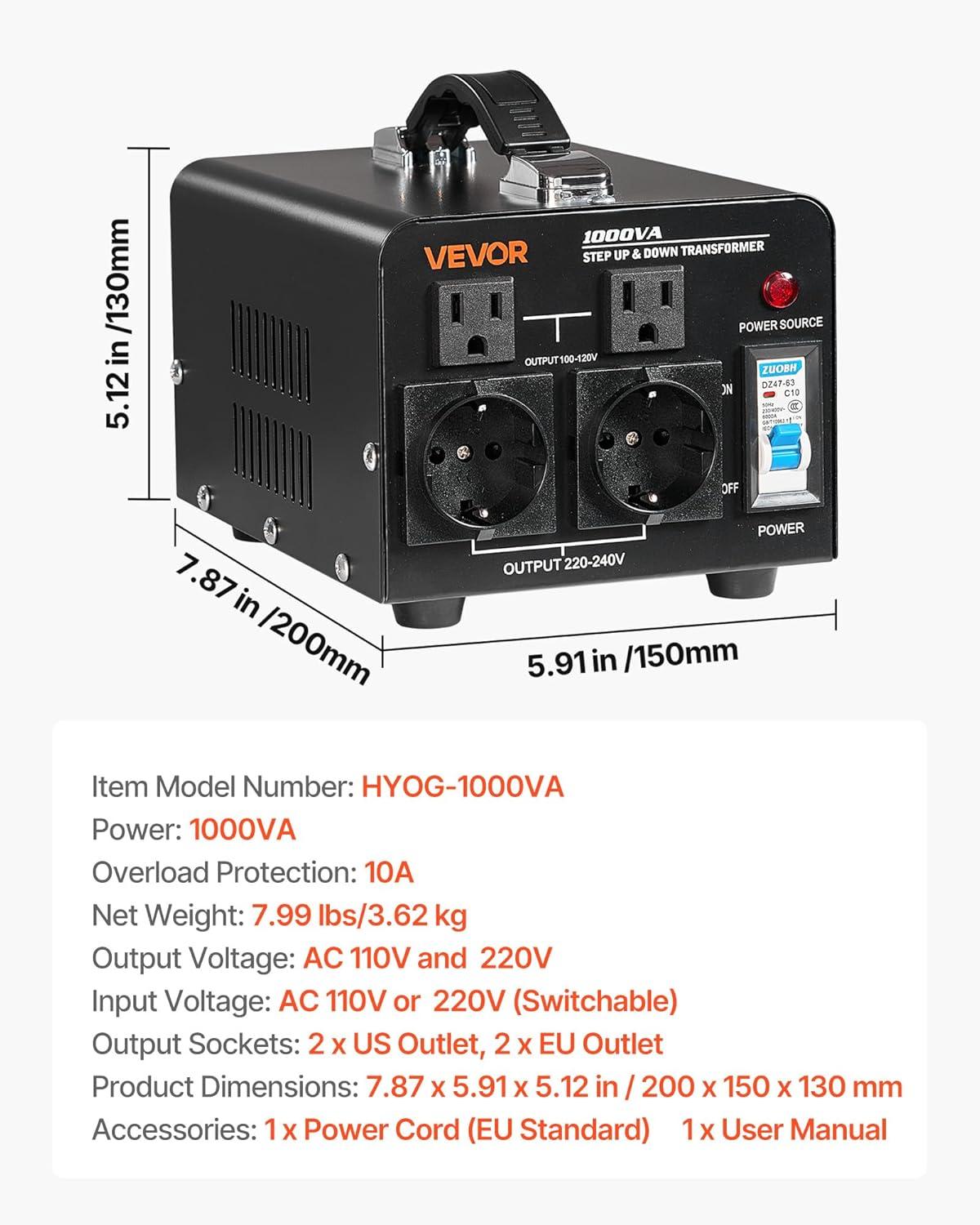 image:imageVEVOR Voltage Converter Transformer 2000W Heavy Duty Step UpDown Transformer Convert from 110 Volt to 220 Volt and from 220 Volt to 110 Volt with US Outlet EU Outlet 5V USB Port CE Certified1000W