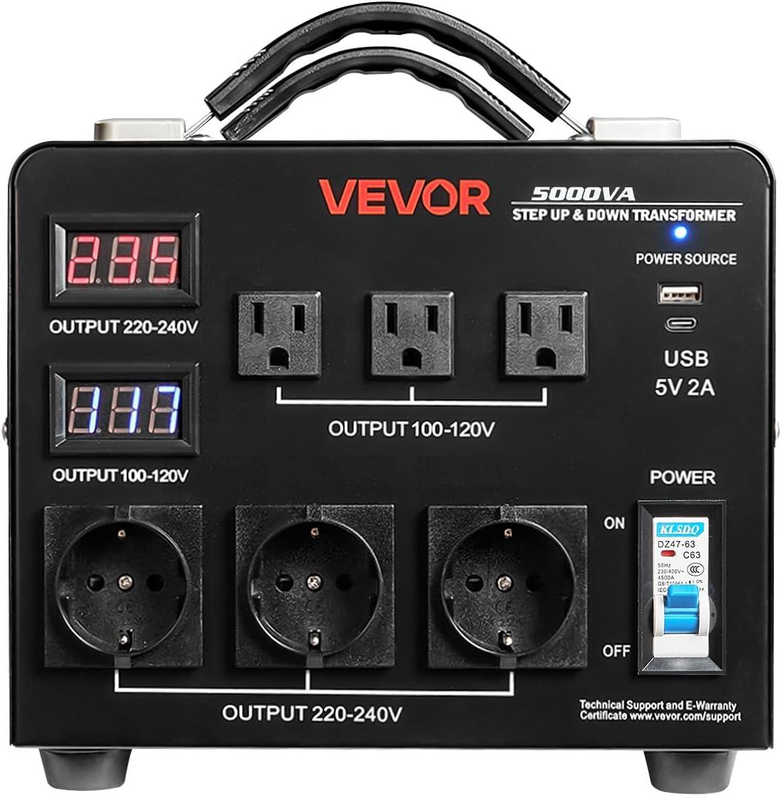image:imageVEVOR Voltage Converter Transformer 2000W Heavy Duty Step UpDown Transformer Convert from 110 Volt to 220 Volt and from 220 Volt to 110 Volt with US Outlet EU Outlet 5V USB Port CE Certified5000W Auto