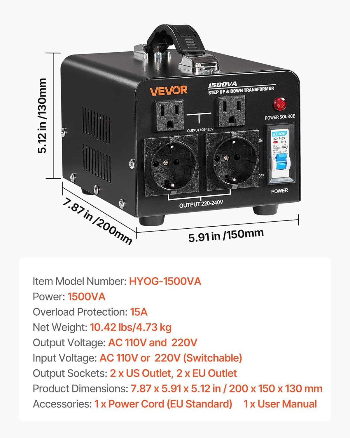 image:imageVEVOR Voltage Converter Transformer 2000W Heavy Duty Step UpDown Transformer Convert from 110 Volt to 220 Volt and from 220 Volt to 110 Volt with US Outlet EU Outlet 5V USB Port CE Certified1500W