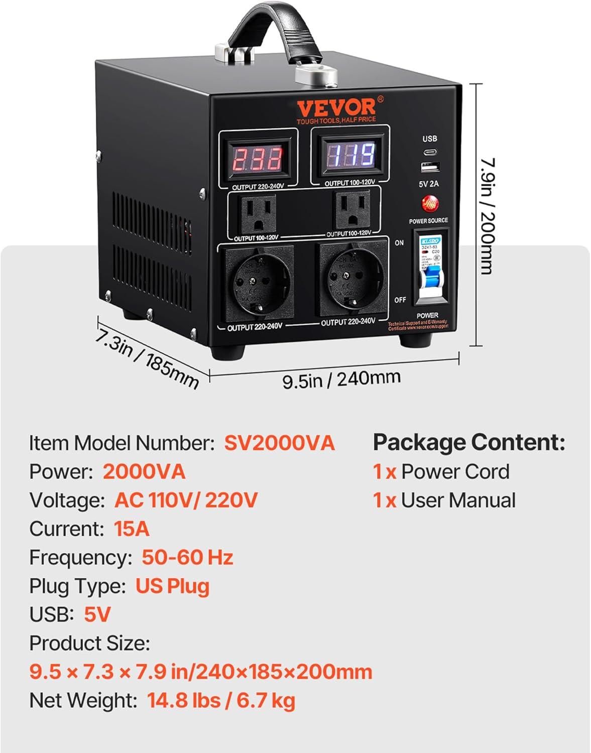image:imageVEVOR Voltage Converter Transformer 2000W Heavy Duty Step UpDown Transformer Convert from 110 Volt to 220 Volt and from 220 Volt to 110 Volt with US Outlet EU Outlet 5V USB Port CE Certified2000W