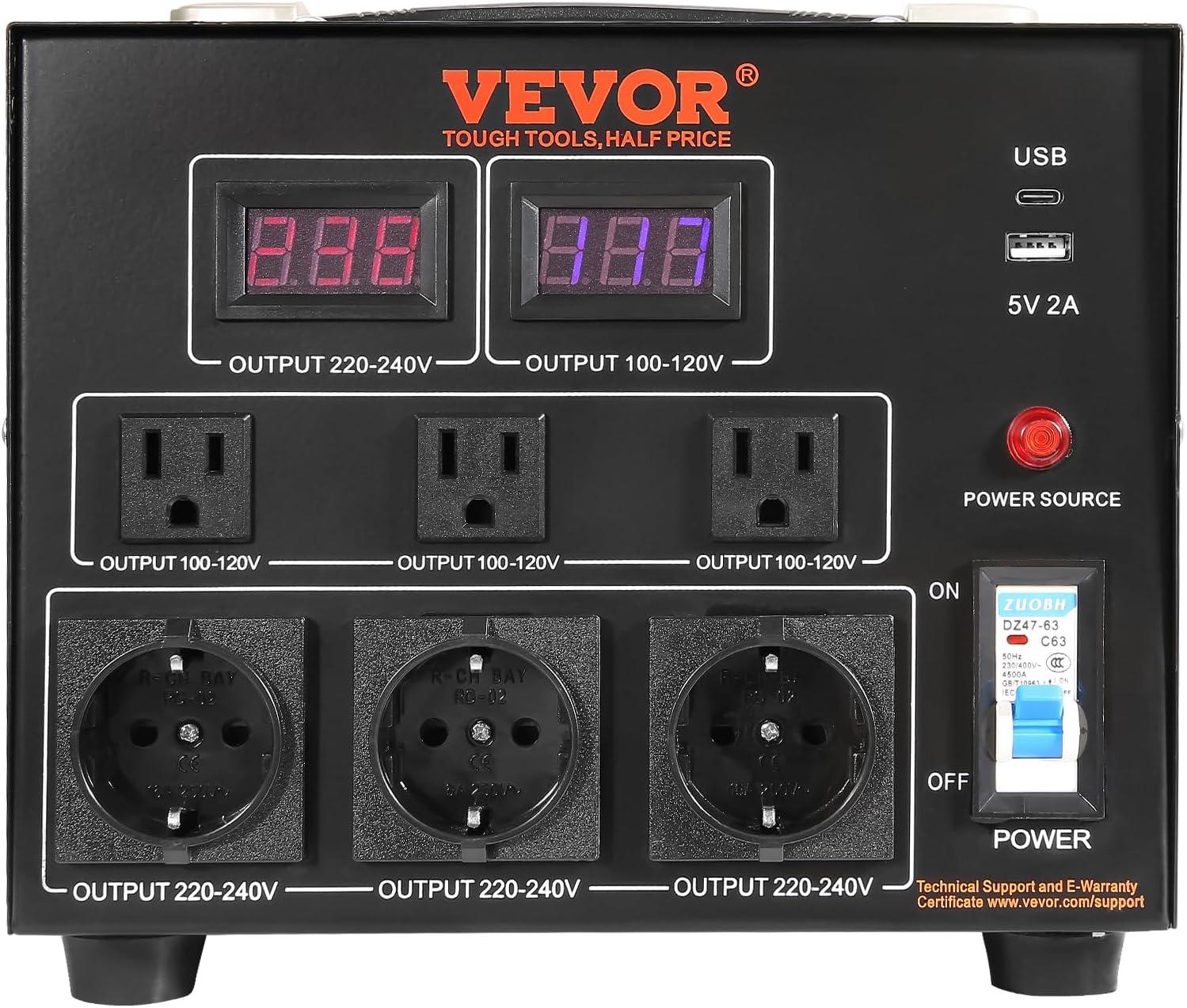 image:imageVEVOR Voltage Converter Transformer 2000W Heavy Duty Step UpDown Transformer Convert from 110 Volt to 220 Volt and from 220 Volt to 110 Volt with US Outlet EU Outlet 5V USB Port CE Certified3000W