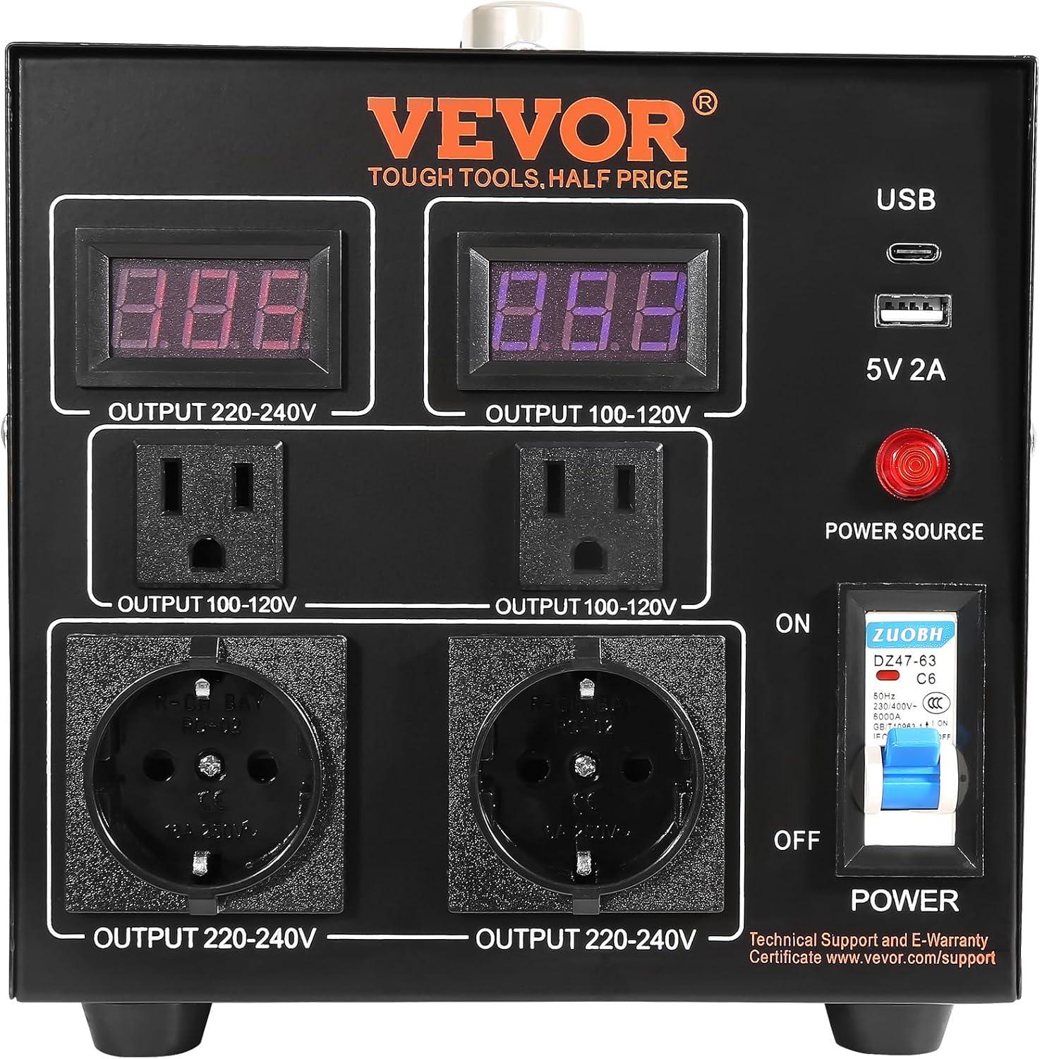 image:imageVEVOR Voltage Converter Transformer 2000W Heavy Duty Step UpDown Transformer Convert from 110 Volt to 220 Volt and from 220 Volt to 110 Volt with US Outlet EU Outlet 5V USB Port CE Certified2000W