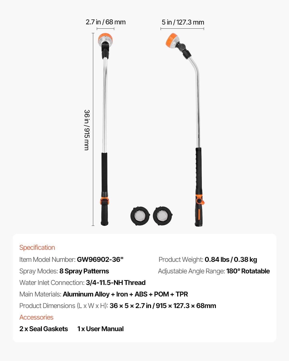 image:imageVEVOR Watering Wand 36Inch Extra Long Heavy Duty Garden Hose Wand with 8 Spray Patterns amp 180 Swivel Head Long Hose Nozzle Sprayer with onoff Thumb Control Ideal for Hanging Baskets36 Inch