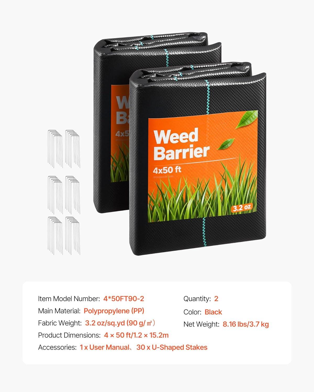 image:imageVEVOR Weed Barrier Fabric Heavy Duty 14x50FT 32oz Landscape Fabric Woven Weed Blocker Fabrics Garden Fabrics Weeds Barrier Weeds Control Ground Cover Geotextile Webbing Gardening Mat Black4FT50FT2Packs32oz
