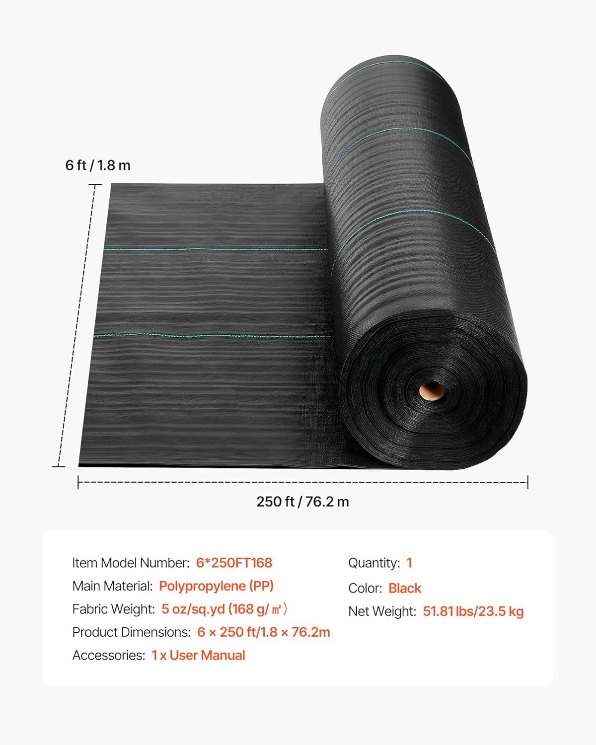 image:imageVEVOR Weed Barrier Fabric Heavy Duty 14x50FT 32oz Landscape Fabric Woven Weed Blocker Fabrics Garden Fabrics Weeds Barrier Weeds Control Ground Cover Geotextile Webbing Gardening Mat Black6FT250FT5oz