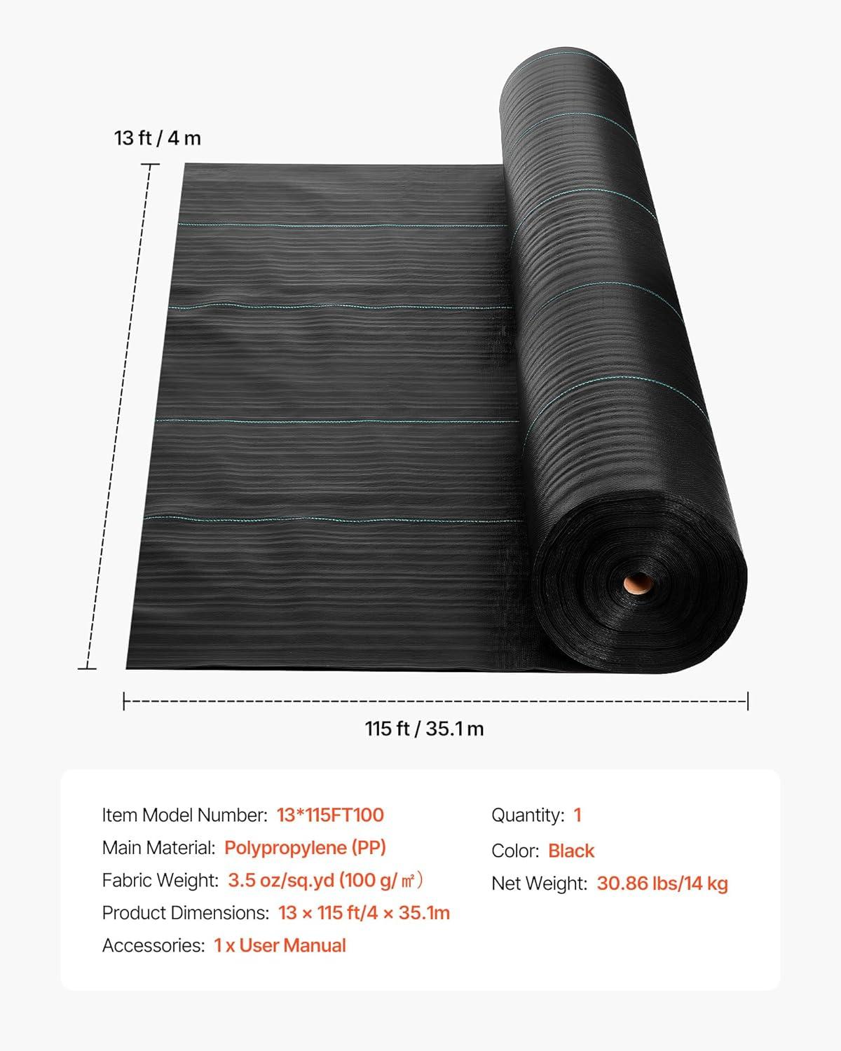 image:imageVEVOR Weed Barrier Fabric Heavy Duty 14x50FT 32oz Landscape Fabric Woven Weed Blocker Fabrics Garden Fabrics Weeds Barrier Weeds Control Ground Cover Geotextile Webbing Gardening Mat Black13FT115FT35oz