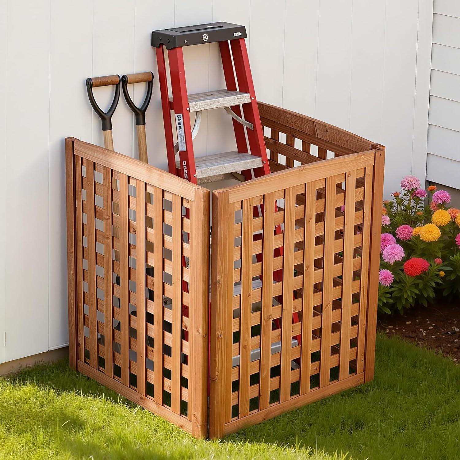 image:imageVEVOR Wooden Privacy Fence 48 x 49 inch Air Conditioner Fence 2 Panel Solid Outdoor Wood Privacy Screen with Metal Stakes Steel Frame Trash Can Hider Fences Suitable for Garden Pool3