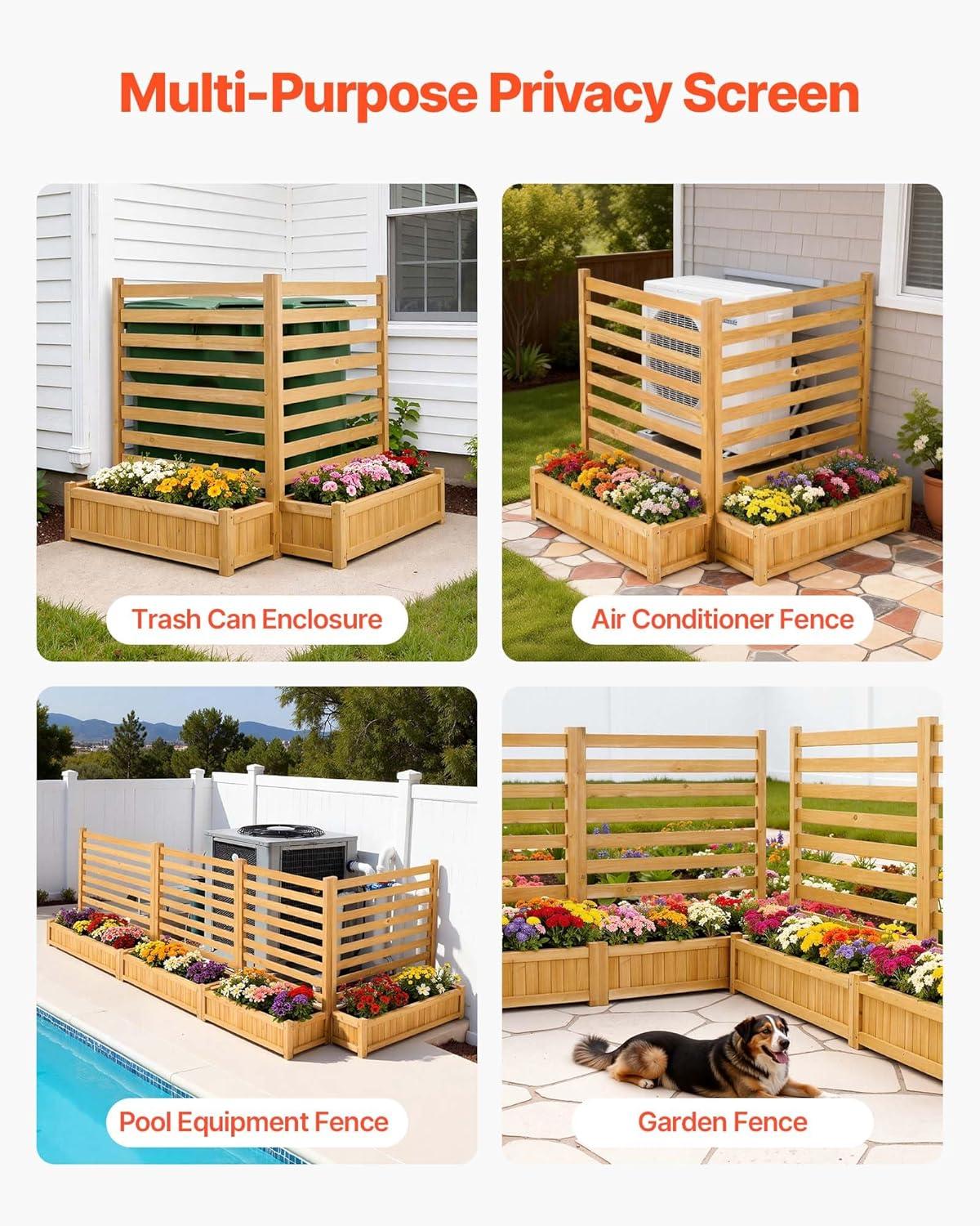 image:imageVEVOR Wooden Privacy Fence 48 x 49 inch Air Conditioner Fence 2 Panel Solid Outdoor Wood Privacy Screen with Metal Stakes Steel Frame Trash Can Hider Fences Suitable for Garden Pool2