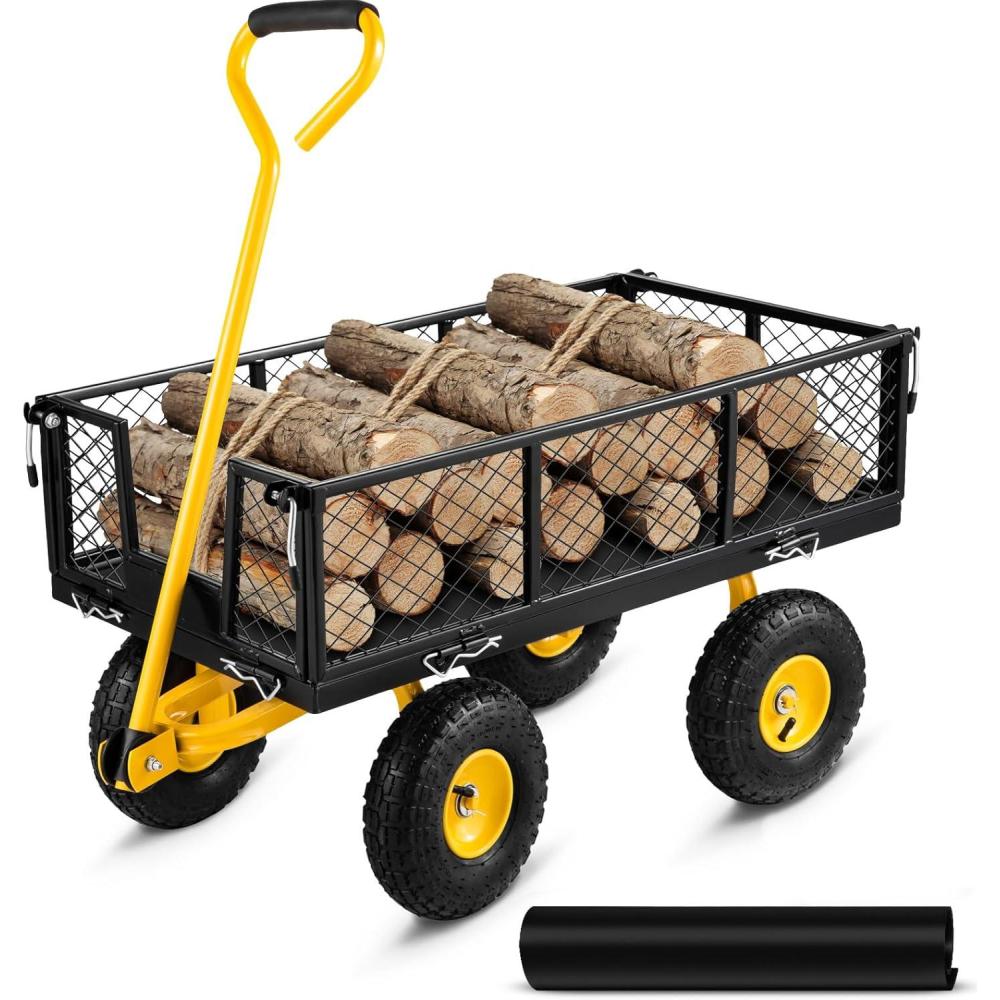 image:imageVEVOR 500 LBS Steel Garden Cart with Work Seat Heavy Duty Garden Wagon Cart on Wheels Outdoor Metal Utility Yard Wagon Gardening Stool with 10inch Flat Free Tires Tool Tray amp Adjustable HandleBlackyellow01