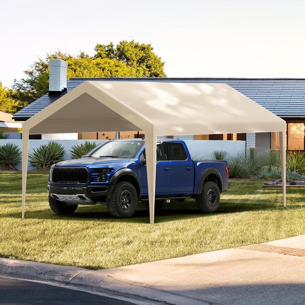 image:imageVEVOR 6x8x7 FT HeavyDuty Portable Outdoor Storage Shed Tent Waterproof Carport Garage Shelter with RollUp Zipper Door amp Vents UVResistant Canopy for Motorcycle Bike Lawn Mower Tools GrayBeige