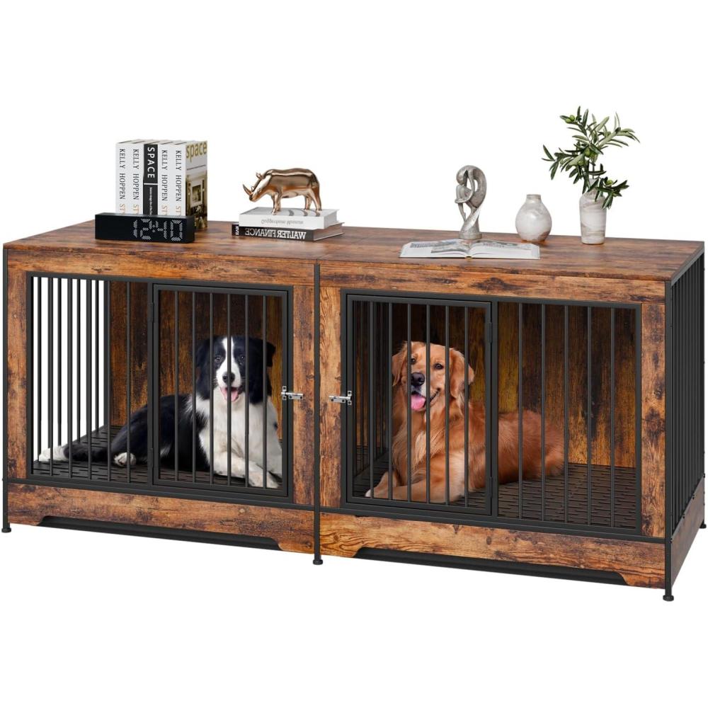 image:imageVEVOR 72Dog Crate Furniture for 2 DogsDouble Dog Crate Furniture with Double Sliding DoorsLarge Dog Crate TV Stand with Removable TraySteel Frame Double Dog Crate for SmallMediumLarge Dogs White748L x 264W x 324H