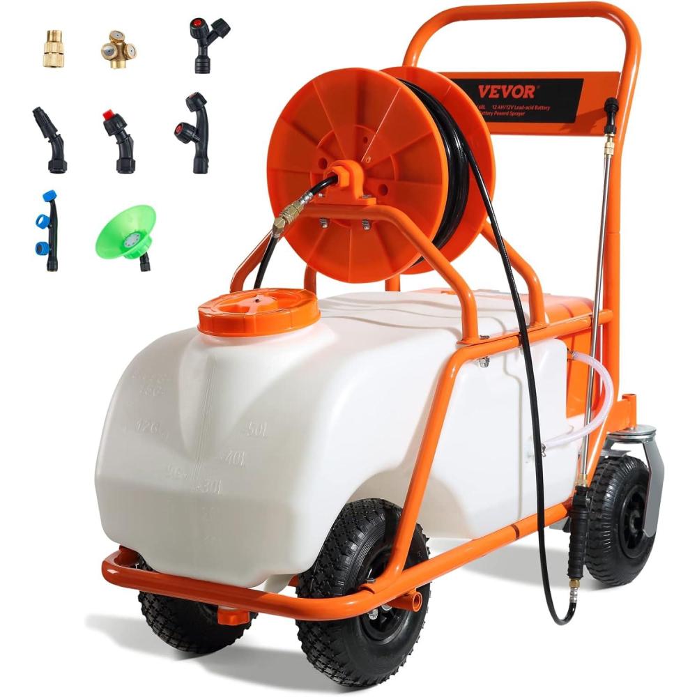image:imageVEVOR Battery Powered 15 Gallon Garden Weed Sprayer with Wheeled Cart 126FT Hose with Reel 8 Nozzles 2 Wands with Lock Trigger 090PSI 56h Spray Time Wide Mouth Lid Rotating Wheels with Brake
