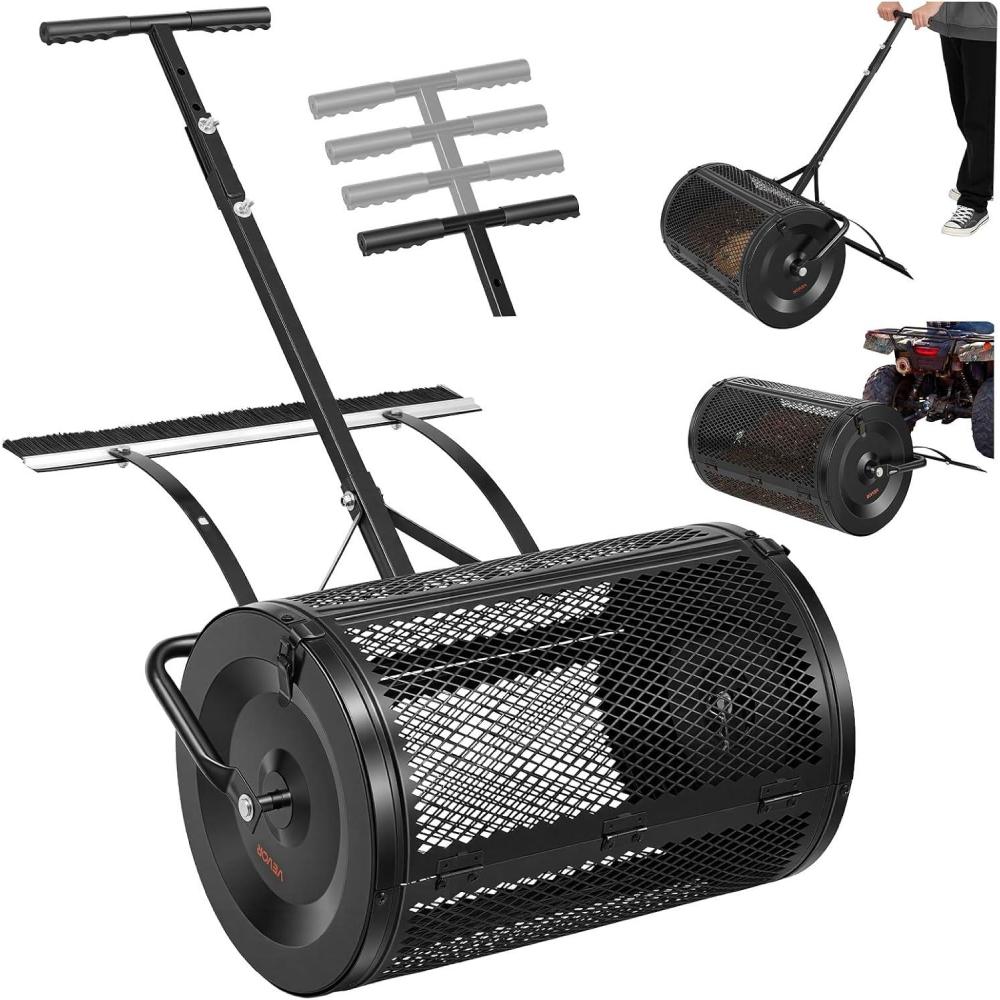 image:imageVEVOR Compost Spreader 24 Wide Peat Moss Spreader with PushTow Handle amp Brush 4 Heights Adjustable PowderCoated Steel Garden Peat Moss Roller Heavy Duty Grass Seed Roller for Planting Seeding