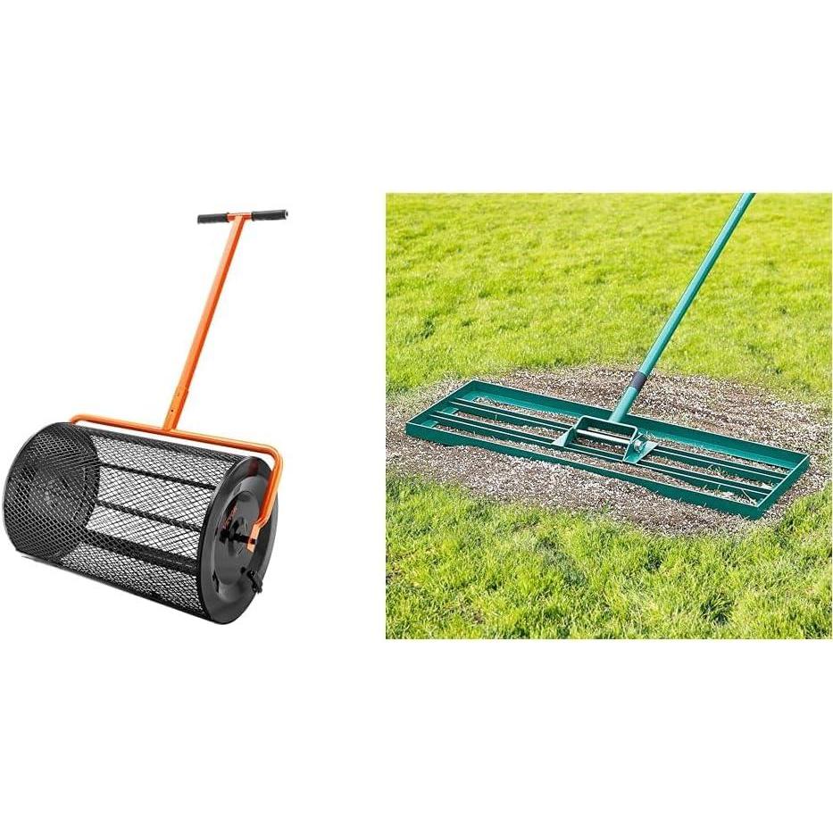 image:imageVEVOR Compost Spreader with Lawn Leveling Rake 24 Wide Basket with Adjustable Handle amp 30x10 Yard Leveling Tool with 78 HandleSpreader Lawn Leveling Rake 30x10