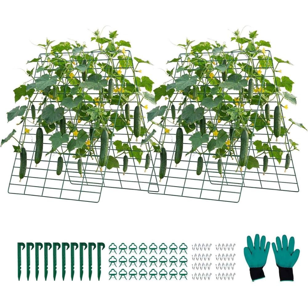 image:imageVEVOR Cucumber Trellis 35 x 55 Foldable AFrame Garden Trellises for Raised Bed 4 Panels Metal Rustproof Outdoor Climbing Plant Support with Gloves for Vine Peas Beans Tomato Flowers35 x 55