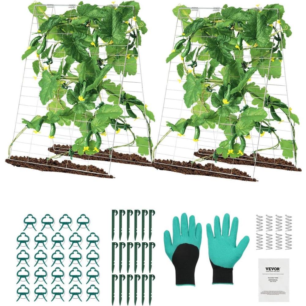 image:imageVEVOR Cucumber Trellis for Climbing Plants46 H x 32 W Foldable Cucumber Trellis Set with Plant Clips Metal Garden Trellis for Raised Bed Outdoor Plant Grow Support for Tomato Vegetable2 Pack35 W x 55 L
