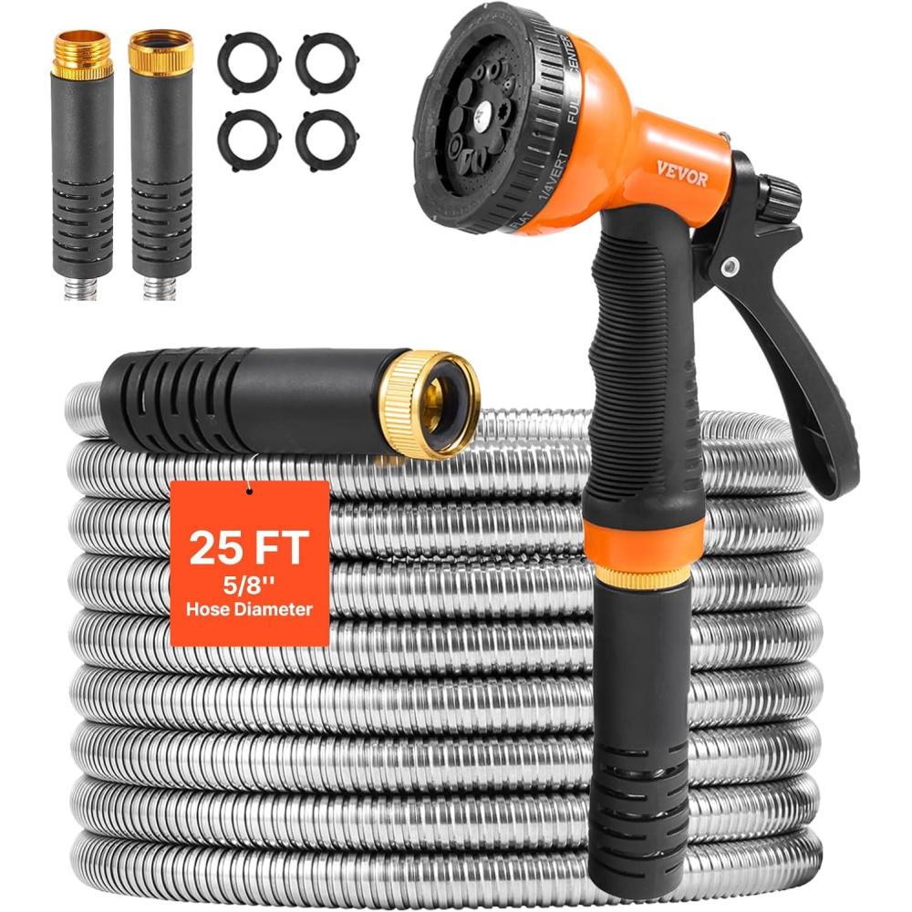 image:imageVEVOR Garden Hose Metal 100FT  Heavy Duty Stainless Steel Water Hose Flexible No Kink amp Tangle Puncture Resistant amp Rust Proof Lightweight w 10Function Spray Nozzle for Yard Outdoor Gardening25 ft with 10 Function Spray Nozzle