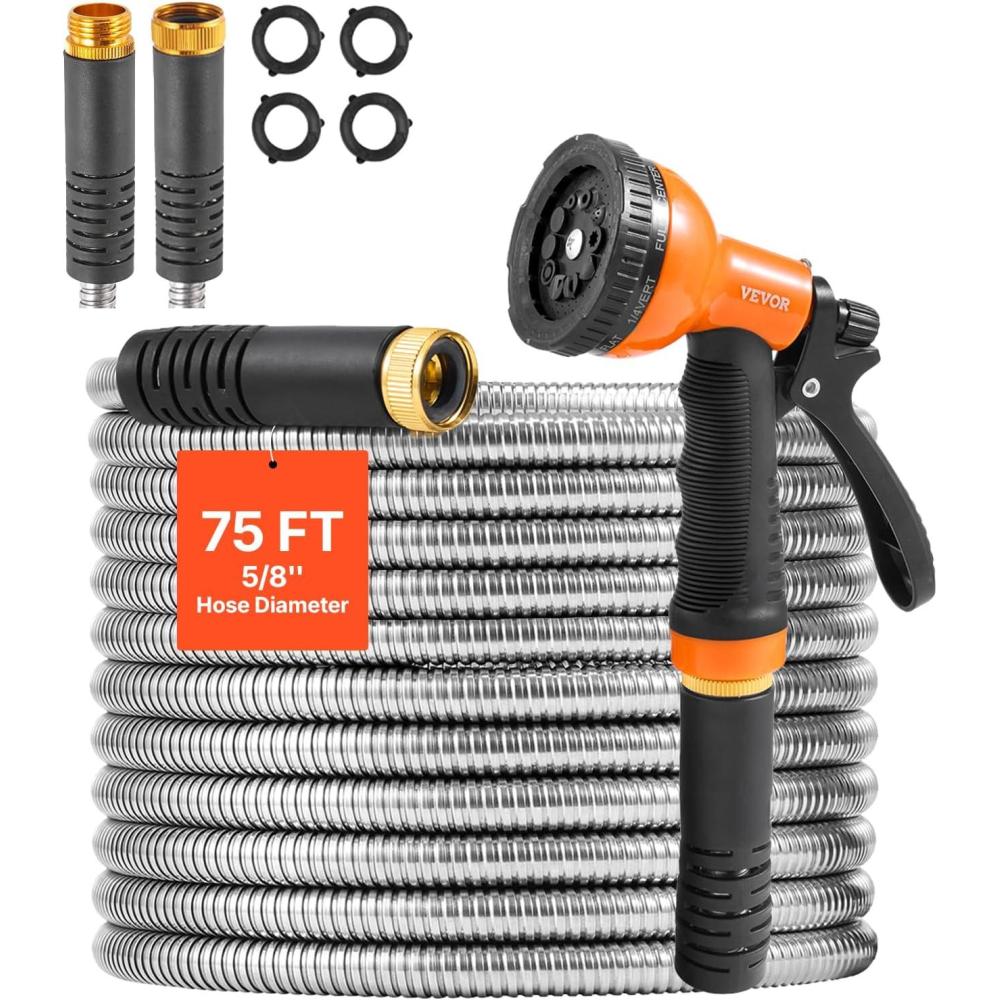 image:imageVEVOR Garden Hose Metal 100FT Heavy Duty Stainless Steel Water Hose Flexible No Kink amp Tangle Puncture Resistant amp Rust Proof Lightweight w 10Function Spray Nozzle for Yard Outdoor Gardening75 ft with 10 Function Spray Nozzle