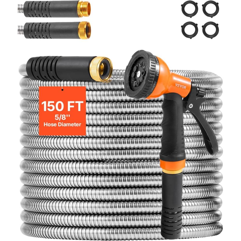 image:imageVEVOR Garden Hose Metal 100FT Heavy Duty Stainless Steel Water Hose Flexible No Kink amp Tangle Puncture Resistant amp Rust Proof Lightweight w 10Function Spray Nozzle for Yard Outdoor Gardening150 ft with 10 Function Spray Nozzle