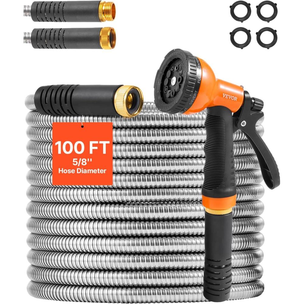 image:imageVEVOR Garden Hose Metal 100FT Heavy Duty Stainless Steel Water Hose Flexible No Kink amp Tangle Puncture Resistant amp Rust Proof Lightweight w 10Function Spray Nozzle for Yard Outdoor Gardening100 ft with 10 Function Spray Nozzle