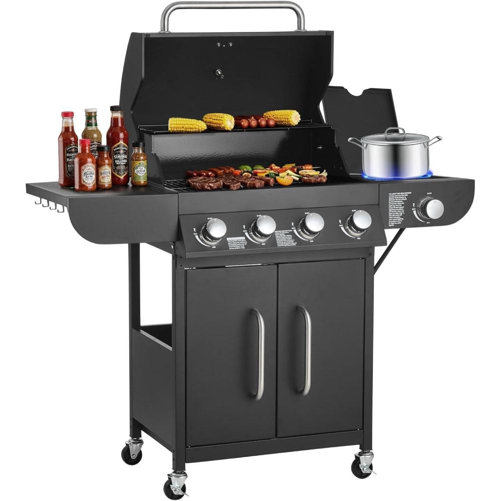 image:imageVEVOR Gas Grill 4 Burner Propane Gas Grill with Side Burner 425 SQIn Grilling Area Carbon Steel Enamel Grates Outdoor 52000 BTU Patio Garden BBQ Grills with Two Side Shelves Stainless Steel41 Burner Carbon Steel