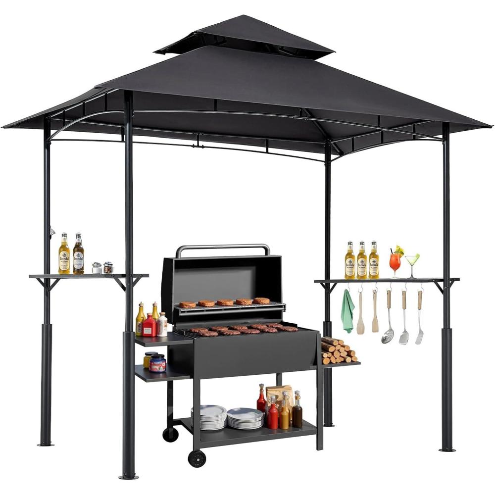 image:imageVEVOR Grill Gazebo 8 x 5 ft DoubleTiered Top BBQ Gazebo with Extra Awning PowderCoated Steel Patio Grill Shelter with 2 Side Shelves Bottle Opener amp Hooks Outdoor Grilling Canopy for GardenLeg Plus Style