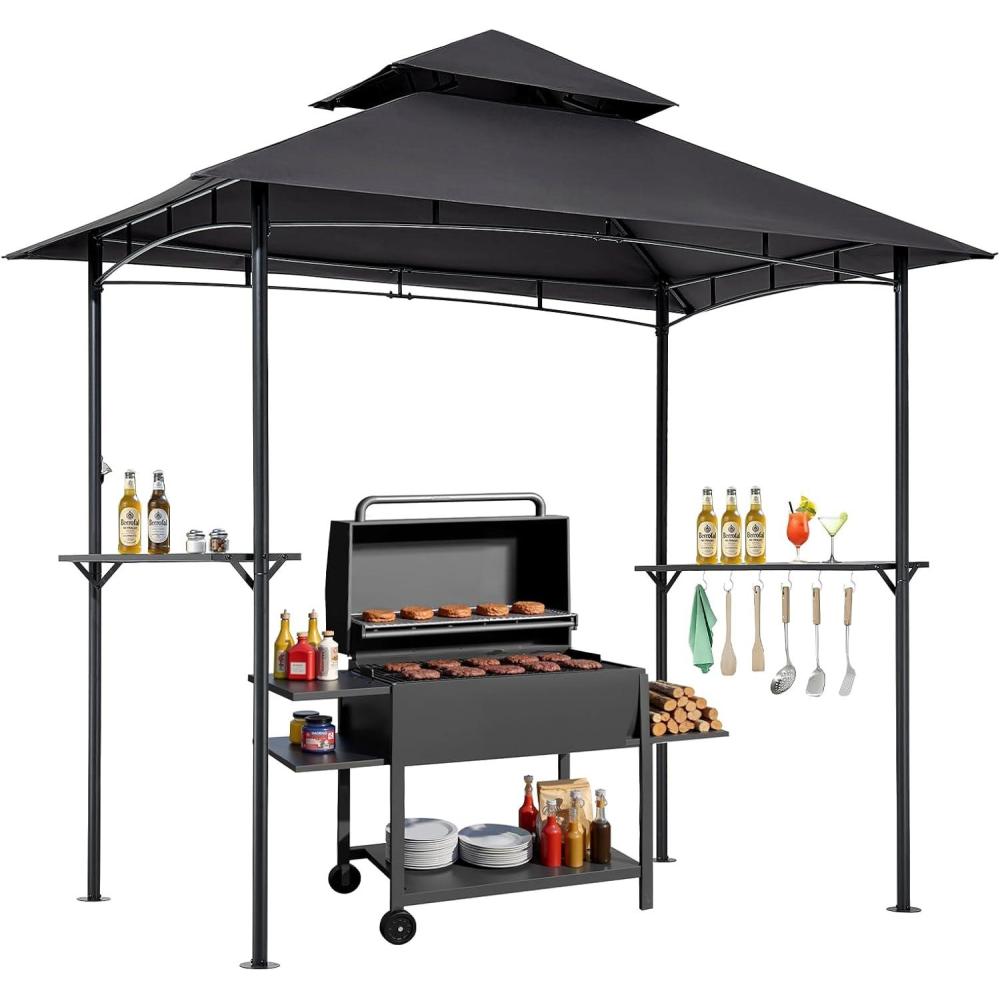 image:imageVEVOR Grill Gazebo 8 x 5 ft DoubleTiered Top BBQ Gazebo with Extra Awning PowderCoated Steel Patio Grill Shelter with 2 Side Shelves Bottle Opener amp Hooks Outdoor Grilling Canopy for GardenClassic Style