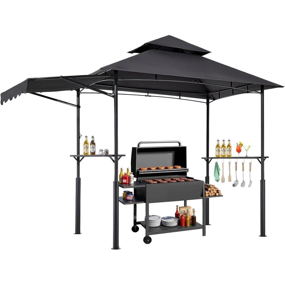image:imageVEVOR Grill Gazebo 8 x 5 ft DoubleTiered Top BBQ Gazebo with Extra Awning PowderCoated Steel Patio Grill Shelter with 2 Side Shelves Bottle Opener amp Hooks Outdoor Grilling Canopy for GardenLeg Plus Style with Extra Awning