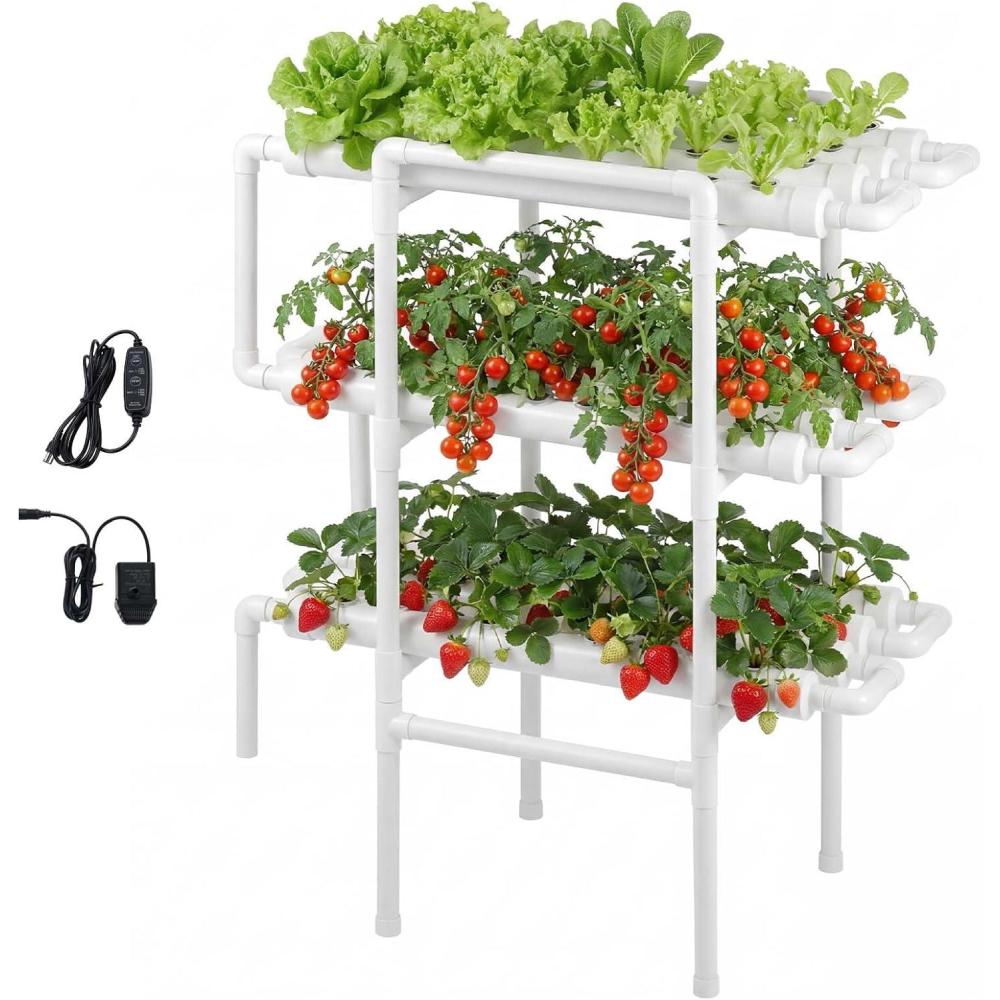 image:imageVEVOR Hydroponics Growing System Kit 3Tier 108 Sites UPVC Pipe Hydroponic Grow Kit with Timed Irrigation Thickened Hydroponic Pipes Indoor Home Garden Vegetable Planting Grow Kits for Fruit HerbWhite Standard Version