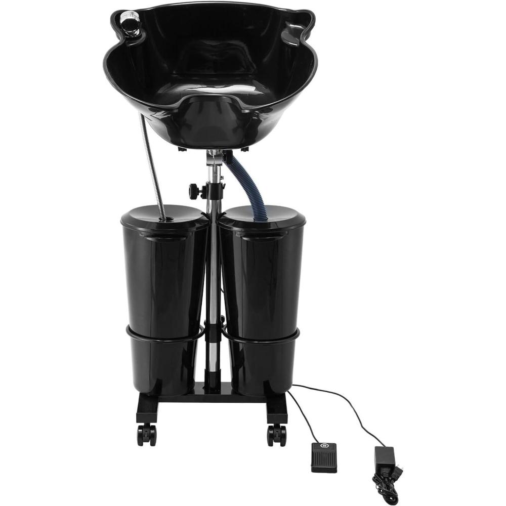 image:imageVEVOR Portable Shampoo Bowl Shampoo Sink for Washing Hair with Electric Pump Includes 2 Buckets 2 Showerheads Drain Hose Height and Angle Adjustable Portable Wash Bowl for Home Salon Use BlackHair sink wdouble bucket foot switch