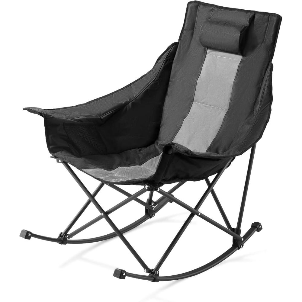 image:imageVEVOR Rocking Camping Chair Portable Folding Rocker HeavyDuty Lawn Chair Recliner with Pocket Supports 225lbs Fully Padded Camp Chairs for Outdoor Patio Backyard Porch Garden