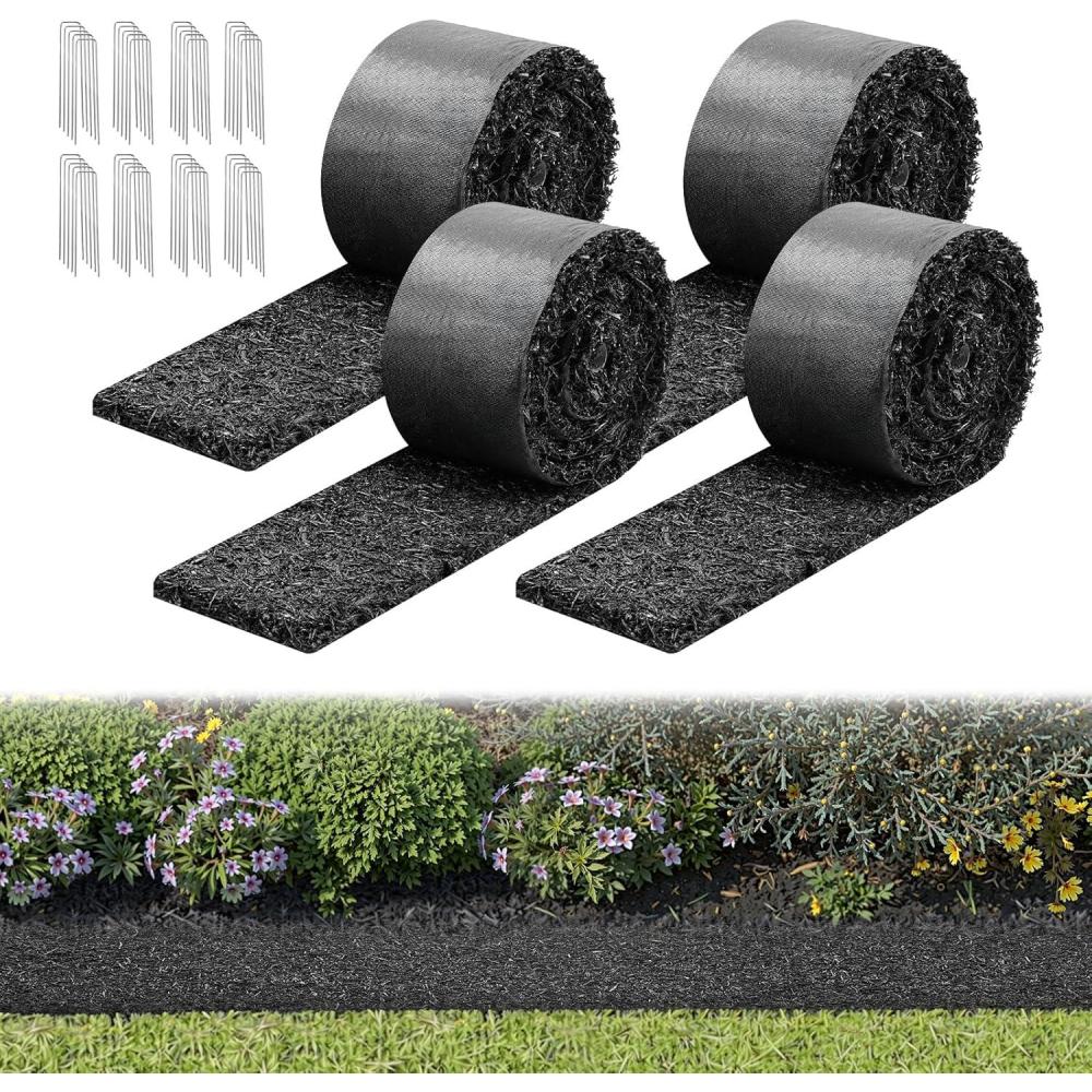 image:imageVEVOR Rubber Mulch Mat Roll 4 Rolls 120 x 45 in Recycled Rubber Permanent Mulch Edging Border NaturalLooking Flower Barrier with Stakes 05 in Thick Cuttable Garden Edgings for Landscaping