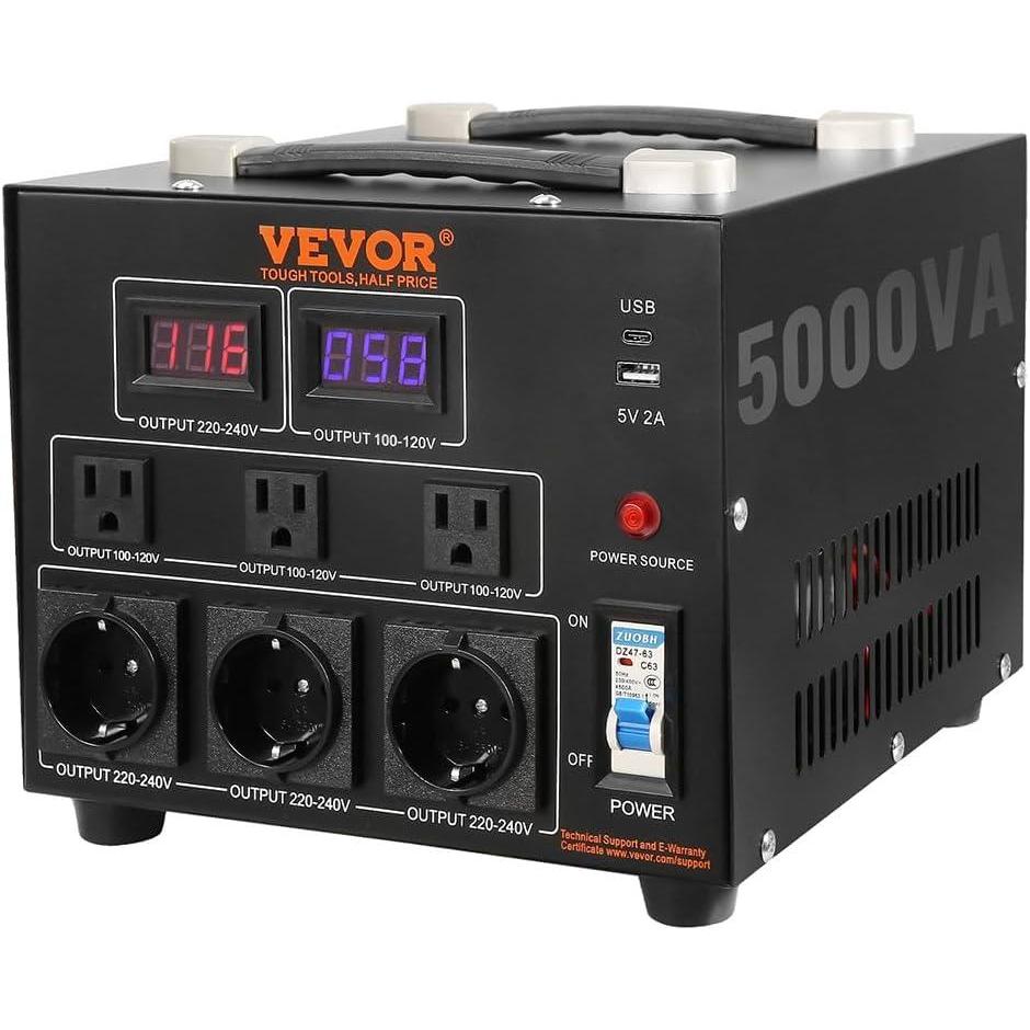 image:imageVEVOR Voltage Converter Transformer 2000W Heavy Duty Step UpDown Transformer Convert from 110 Volt to 220 Volt and from 220 Volt to 110 Volt with US Outlet EU Outlet 5V USB Port CE Certified5000W