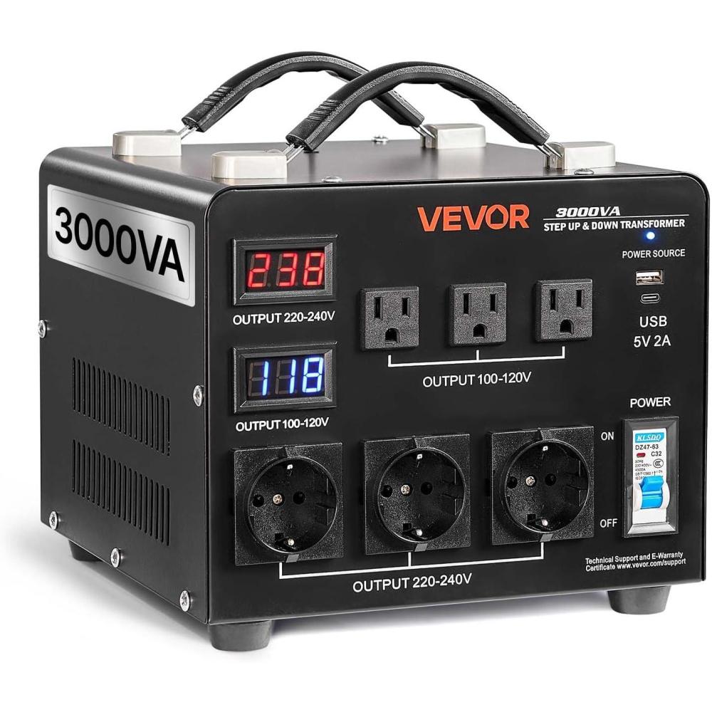 image:imageVEVOR Voltage Converter Transformer 2000W Heavy Duty Step UpDown Transformer Convert from 110 Volt to 220 Volt and from 220 Volt to 110 Volt with US Outlet EU Outlet 5V USB Port CE Certified3000W Auto