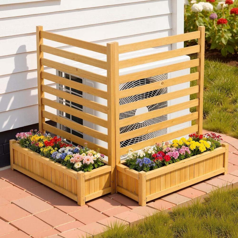 image:imageVEVOR Wooden Privacy Fence 48 x 49 inch Air Conditioner Fence 2 Panel Solid Outdoor Wood Privacy Screen with Metal Stakes Steel Frame Trash Can Hider Fences Suitable for Garden Pool2