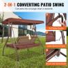 VEVOR 3-Seat Patio Swing Chair, Outdoor Patio Swing with Adjustable Canopy, Porch Swing with Armrests, Teslin Fabric and Alloy Steel Frame, for Balcony, Backyard, Patio, Garden, Poolside, Brown(Brown)