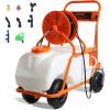 VEVOR Battery Powered 15 Gallon Garden Weed Sprayer with Wheeled Cart, 126FT Hose with Reel, 8 Nozzles, 2 Wands with Lock Trigger, 0-90PSI, 5-6h Spray Time, Wide Mouth Lid, Rotating Wheels with Brake