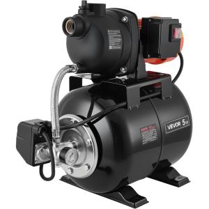 VEVOR 1.1 HP Shallow Well Pump with Pressure Tank, 120V 1320 GPH, Plastic Irrigation Jet Pump with 5-Gal Tank, Automatic Water Booster Transfer System, 20/40 PSI Pressure Switch, for Home Garden Lawn